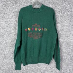 Vintage Structure Mens Crew Neck Sweater Large Green‎ Embroidered Knit Pullover